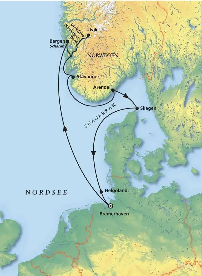 Routenkarte der Blues Cruise 2027 von Bremerhaven über Bergen, Ulvik, Stavanger, Arendal und Skagen nach Helgoland